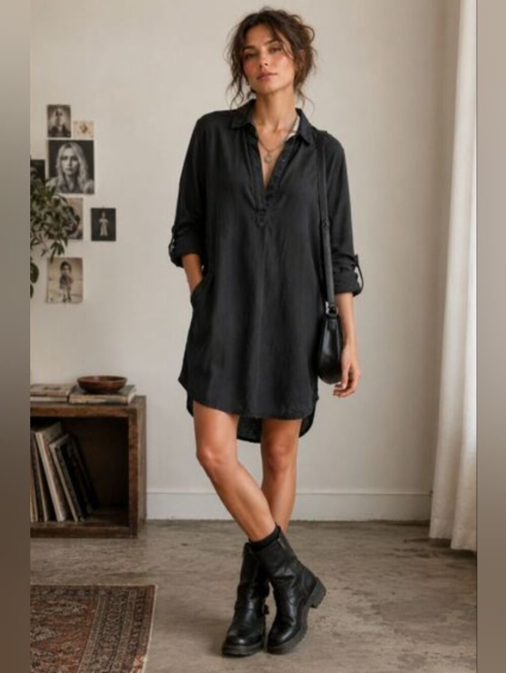 Quince Vintage Wash Black Denim Shirt Dress S